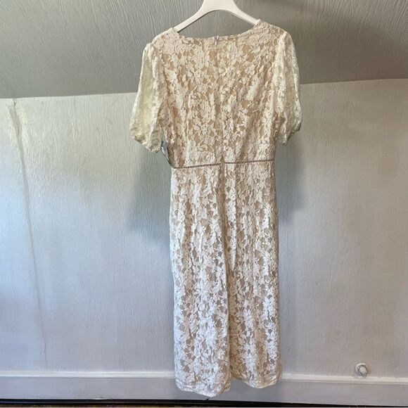Revolve NSR Puff Sleeve Nude Tan White Cream Floral Lace Dress - Picture 9 of 10